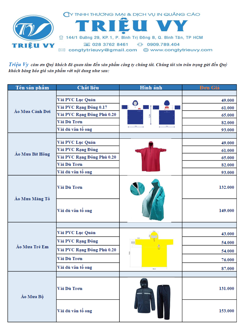 bang bao gia ao mua cong ty trieu vy